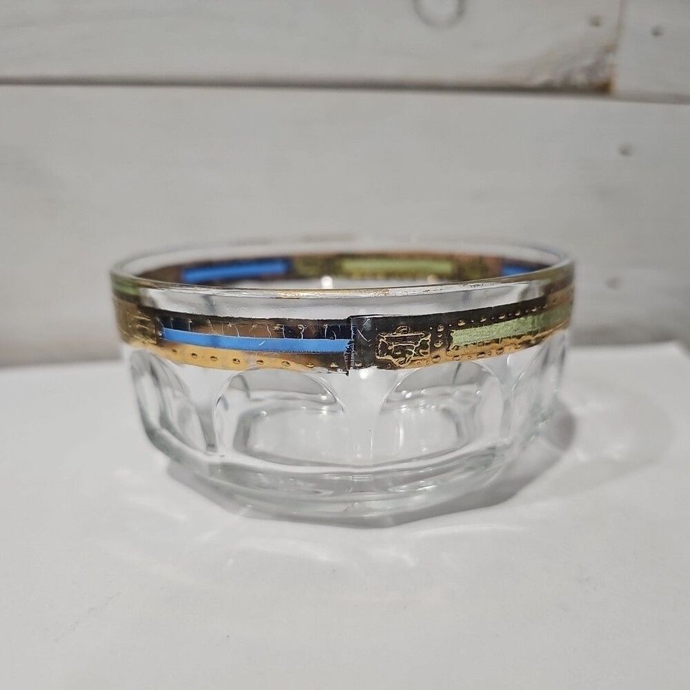Arcoroc France Candy Snack Bowl Serving Dip Cup Blue Green Gold Pattern Vintage